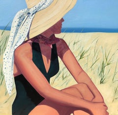 "At the Shore" oil painting of a woman in straw hat looking over her shoulder 