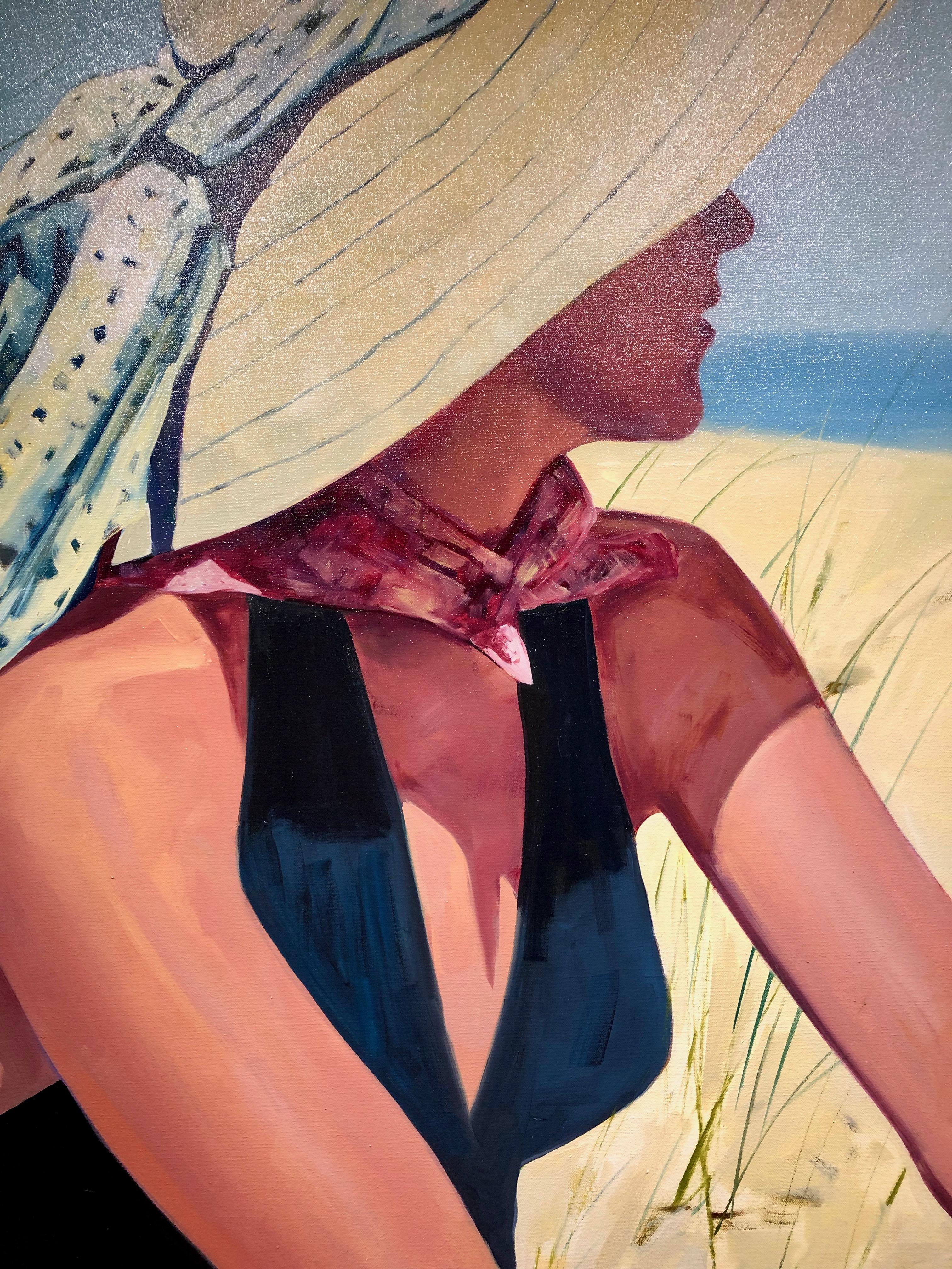 ''At the Shore''Oil painting of women in black swimsuit and sunhat at the beach - Painting by T.S. Harris