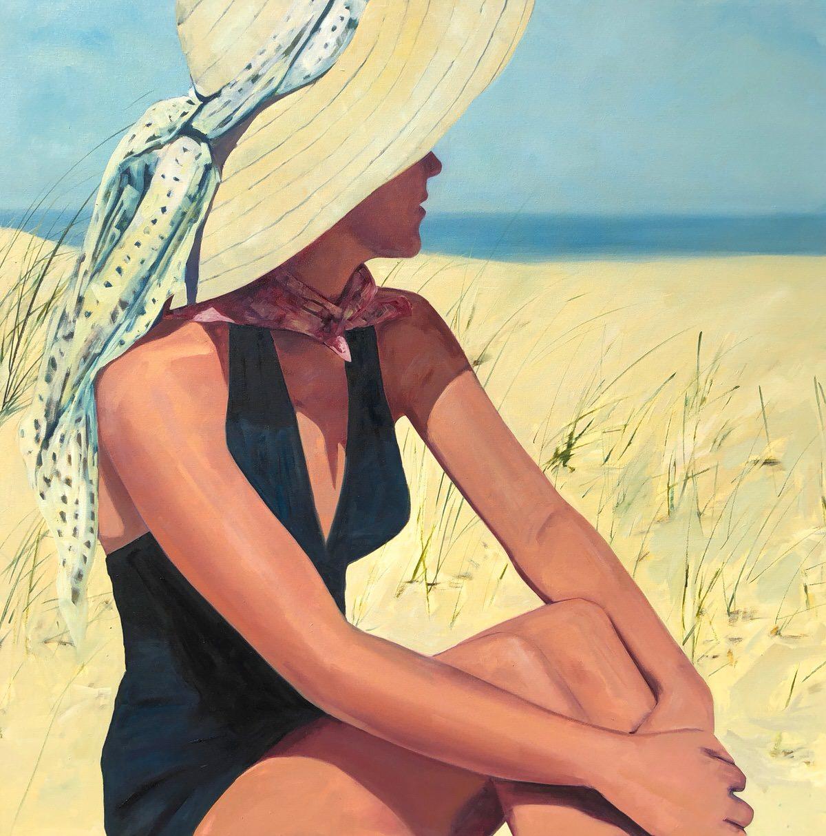 T.S. Harris Figurative Painting - ''At the Shore''Oil painting of women in black swimsuit and sunhat at the beach