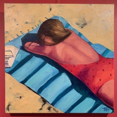 "Beach Day" Brightly Colored Painting of a Woman Relaxing on a Towel on the Sand