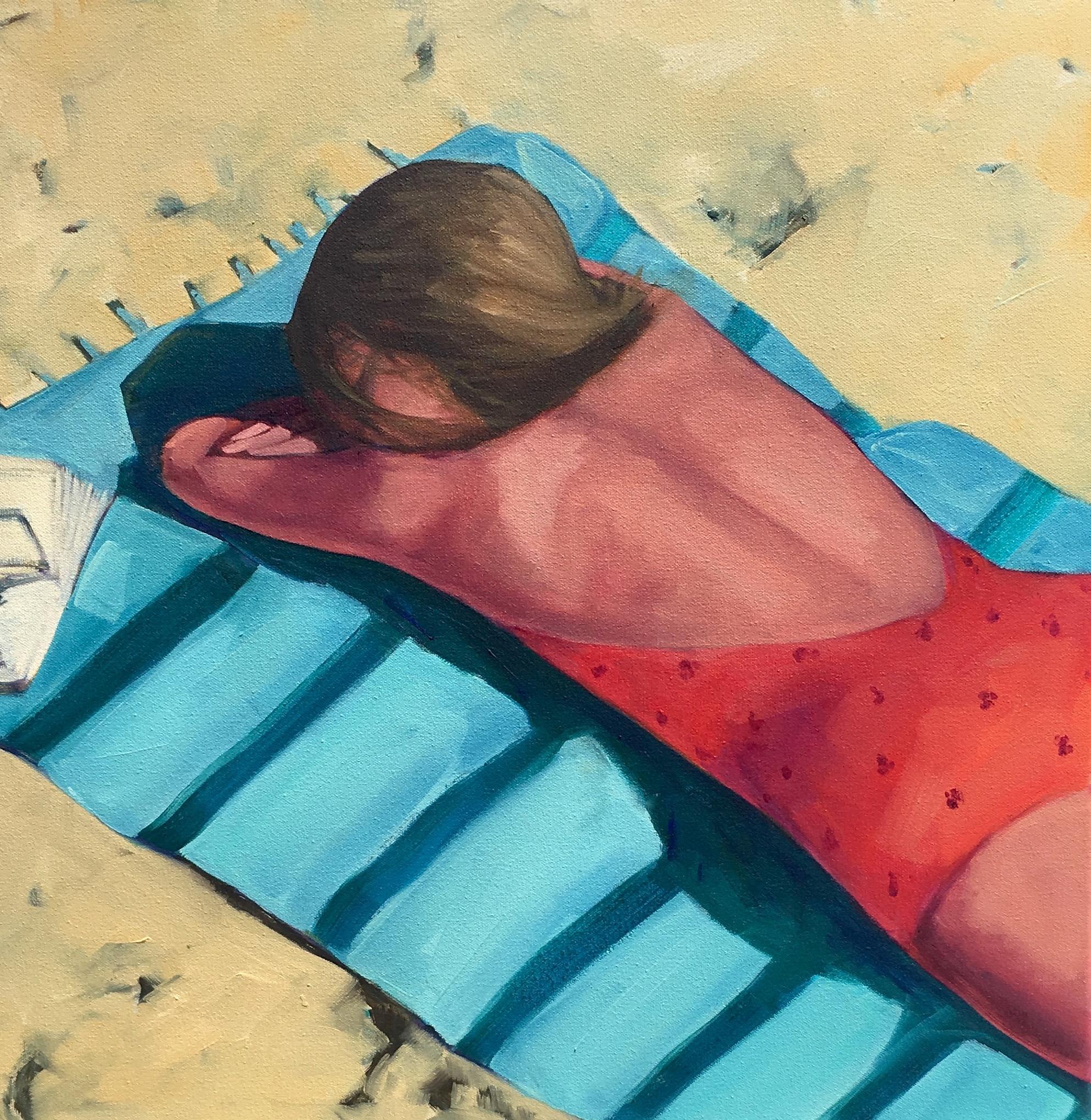 T.S. Harris Figurative Painting - "Beach Day" Brightly Colored Painting of a Woman Relaxing on a Towel on the Sand