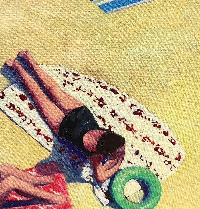 T.S. Harris Figurative Painting - "Beach Day II" Oil painting of a woman in black suit sunbathing  