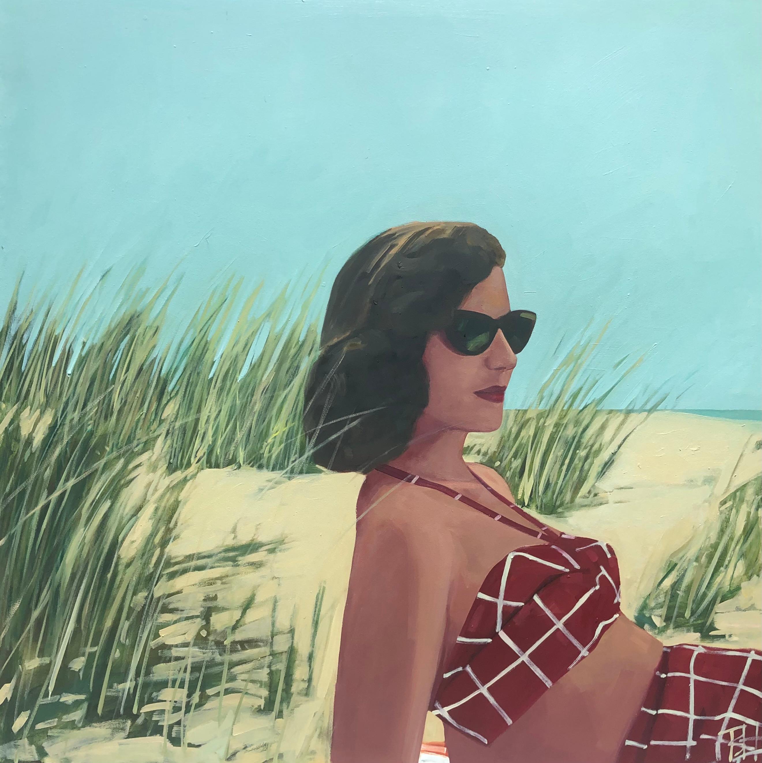 T.S. Harris Figurative Painting - "Beach Grass and Sand" oil painting of a woman in sunglasses with dunes,  bikini