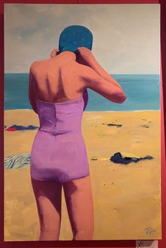 "Beach Swim" oil painting of woman at the beach in purple swimsuit and blue cap