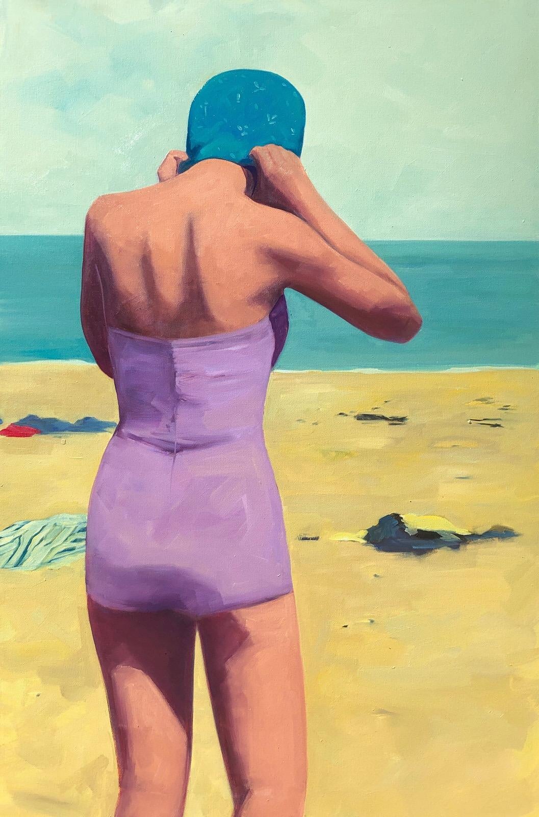 T.S. Harris Figurative Painting - "Beach Swim" oil painting of woman at the beach in purple swimsuit and blue cap