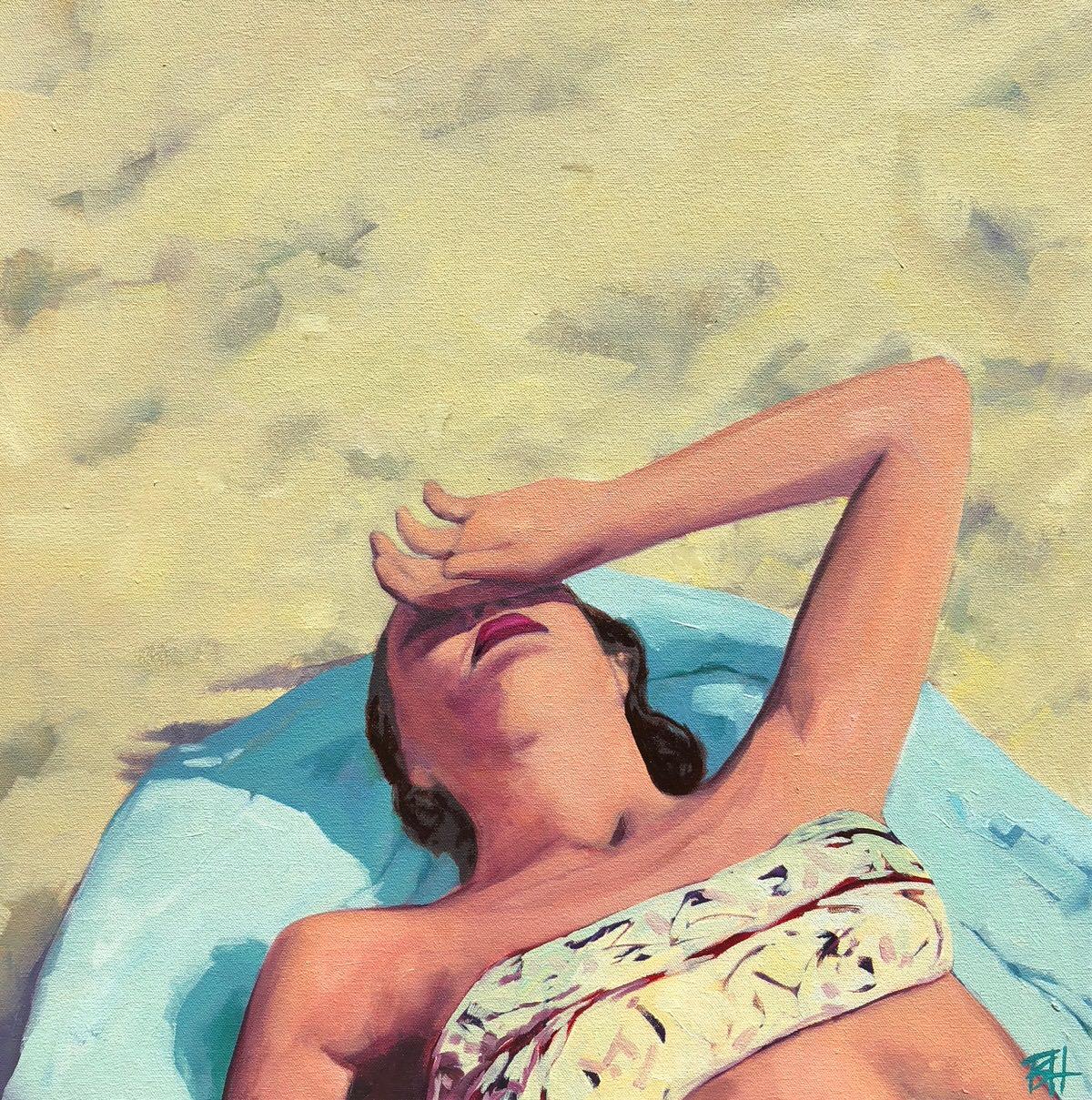 T.S. Harris Figurative Painting - "Beach Swoon" oil painting of a woman sunbathing on a blue towel at the beach 