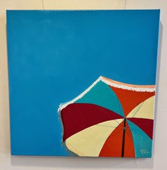 "Beach Umbrella" contemporary oil painting of beach umbrella with a blue sky.