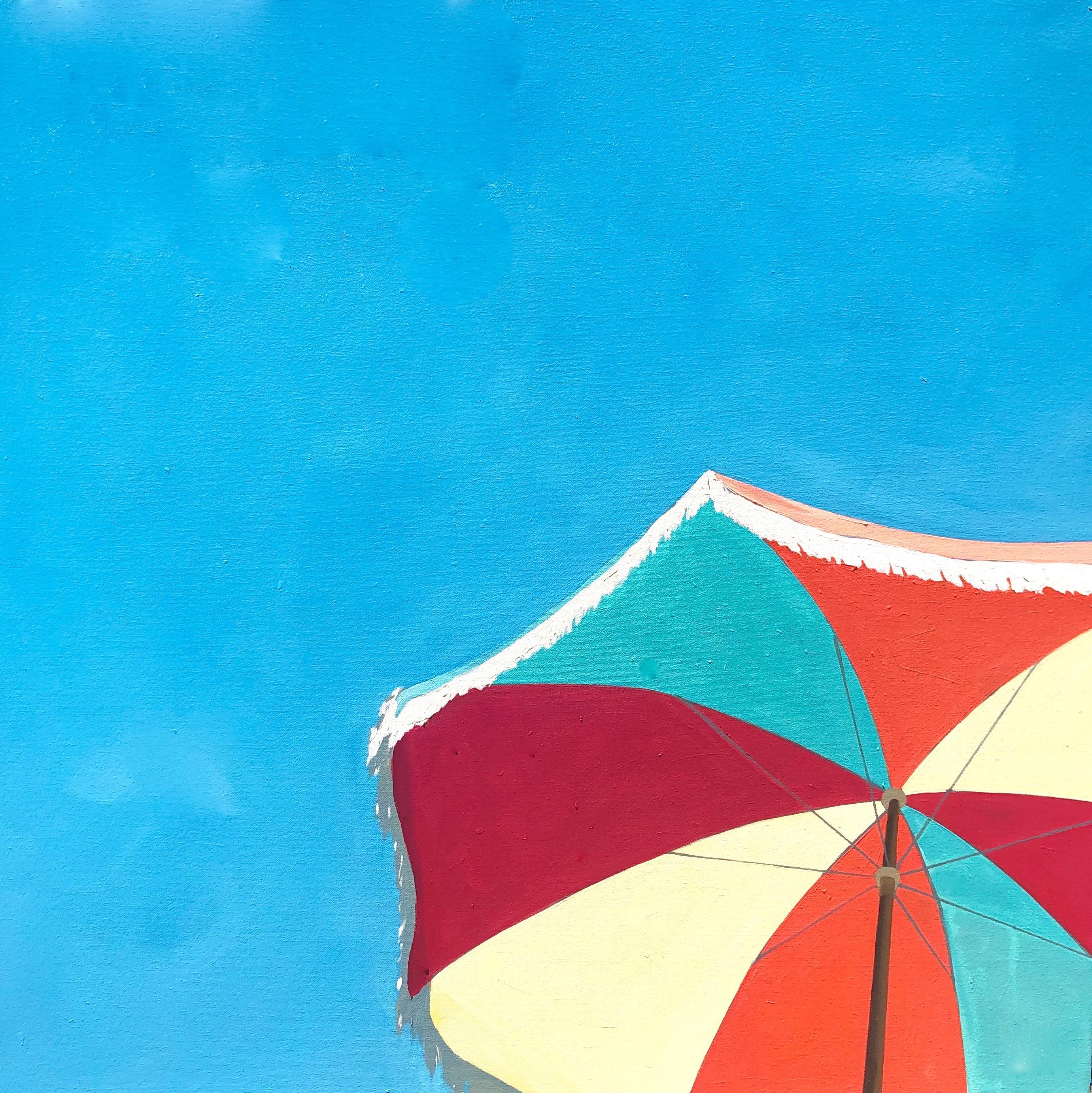 T.S. Harris Figurative Painting - "Beach Umbrella" contemporary oil painting of beach umbrella with a blue sky. 