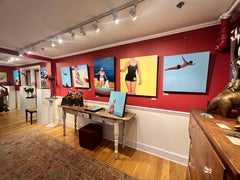 Peinture à l'huile « Bikini and Beach Ball » représentant une femme en bikini blanc sur une plage de sable