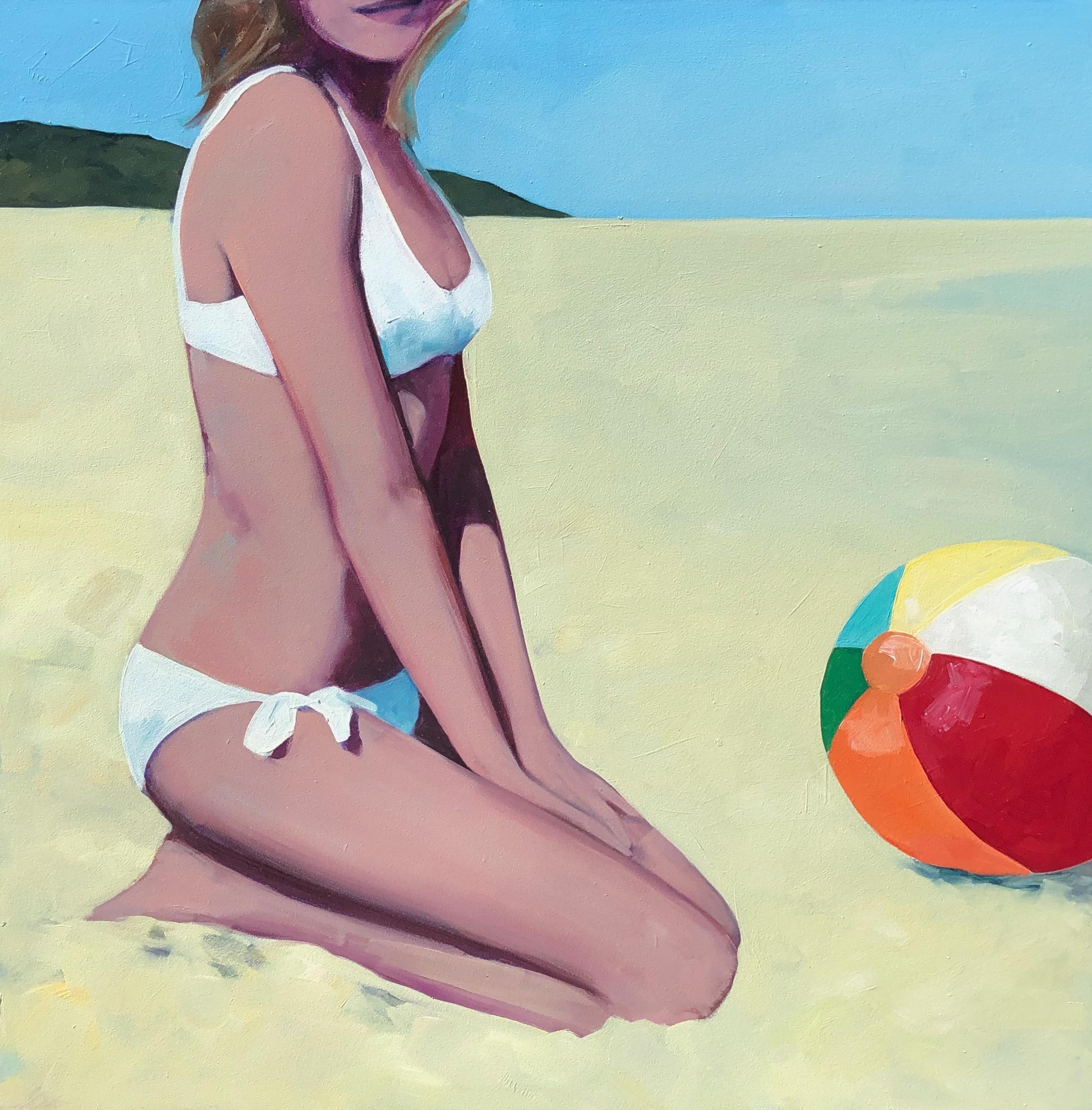 T.S. Harris Figurative Painting - "Bikini and Beach Ball" oil painting of a woman in white bikini on sandy beach