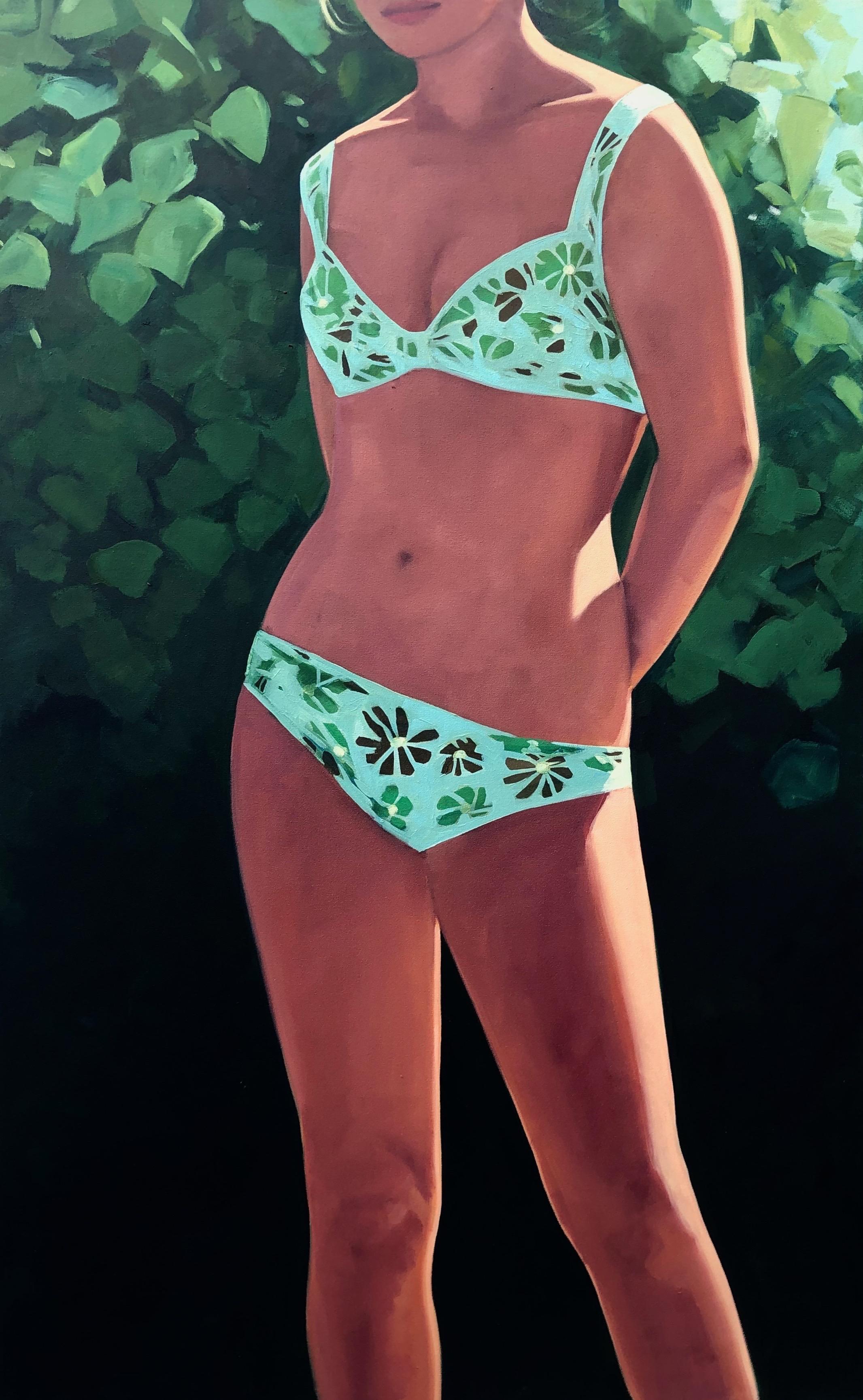T.S. Harris Figurative Painting - "Bikini Le Jardin" vertical oil painting of a woman in light green swimsuit
