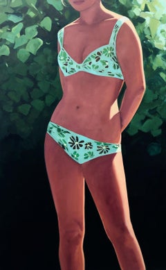 "Bikini Le Jardin" vertical oil painting of a woman in light green swimsuit