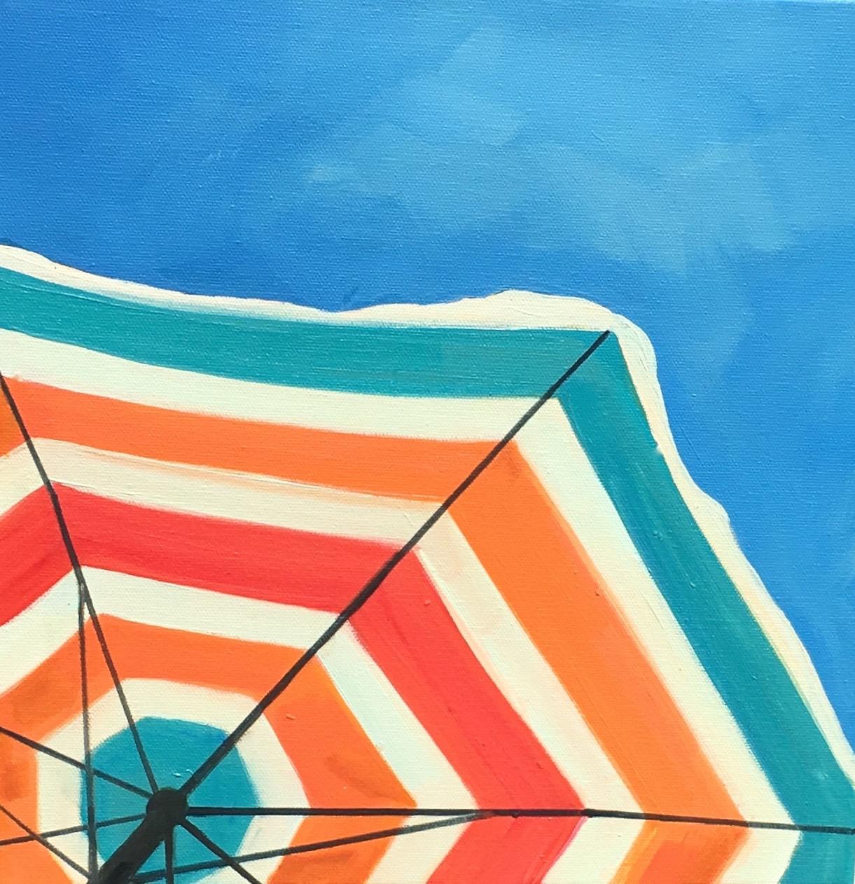 T.S. Harris Landscape Painting - "Bright Umbrella" Painting of a Striped Beach Umbrella in a Cloudless Sunny Sky