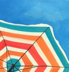 "Bright Umbrella" Painting of a Striped Beach Umbrella in a Cloudless Sunny Sky