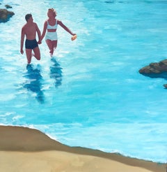 "Couple in the Surf" oil painting of couple wading on the shore of sandy beach