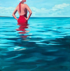 ""Dazzling Sea II" oil painting of a woman in red swimsuit wading in teal water
