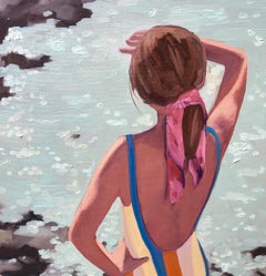 "Dazzling Sea" oil painting of a girl looking out on the shimmering water