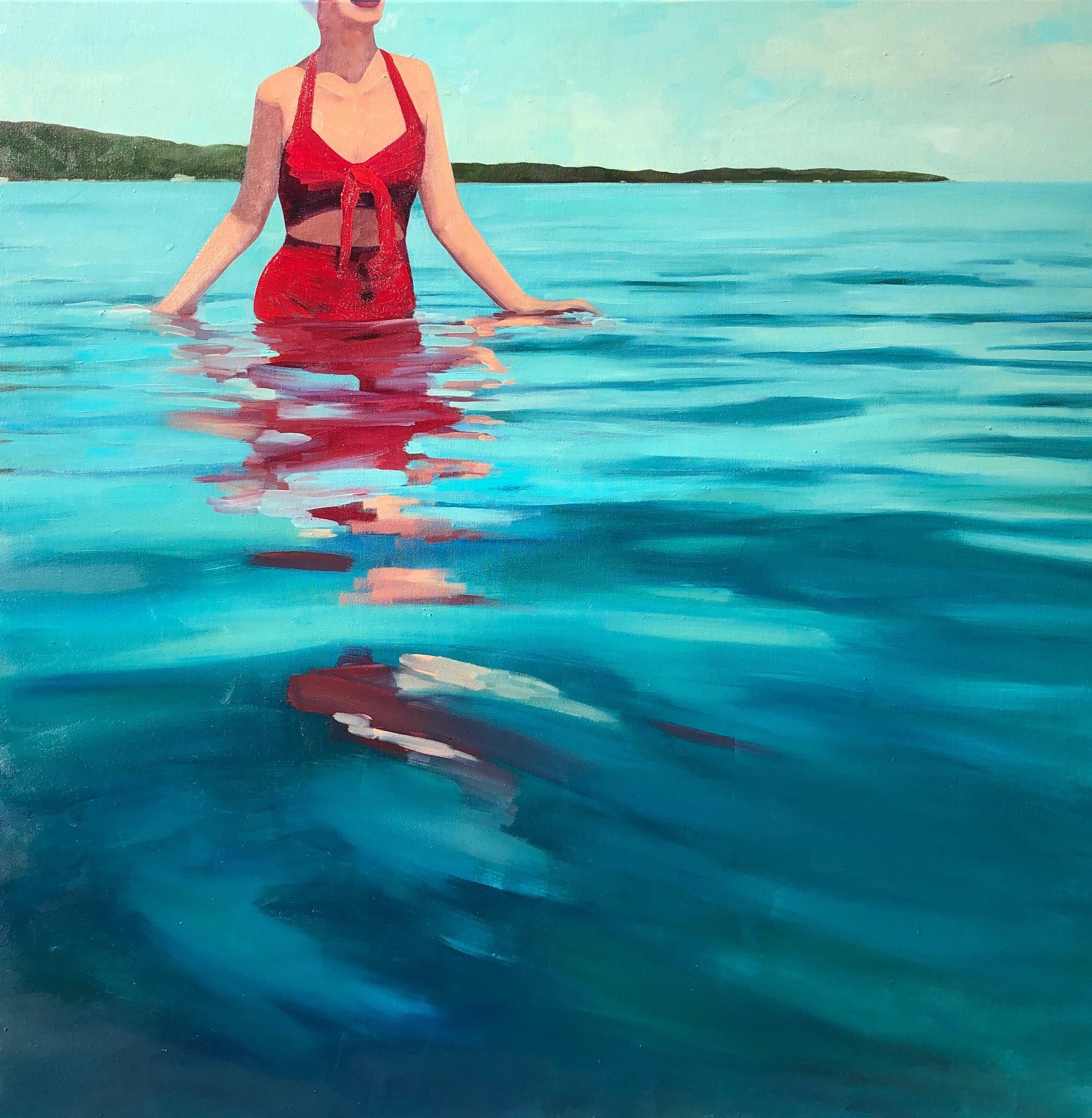 T.S. Harris Figurative Painting - "Dazzling Sea" oil painting of a woman in a red bikini wading in the blue ocean