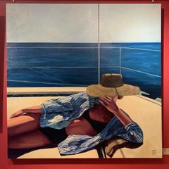 "Deep Blue Sunshine" Oil painting of woman in a black suit and sun hat on a boat
