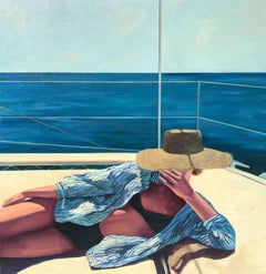 "Deep Blue Sunshine" Oil painting of woman in a black suit and sun hat on a boat