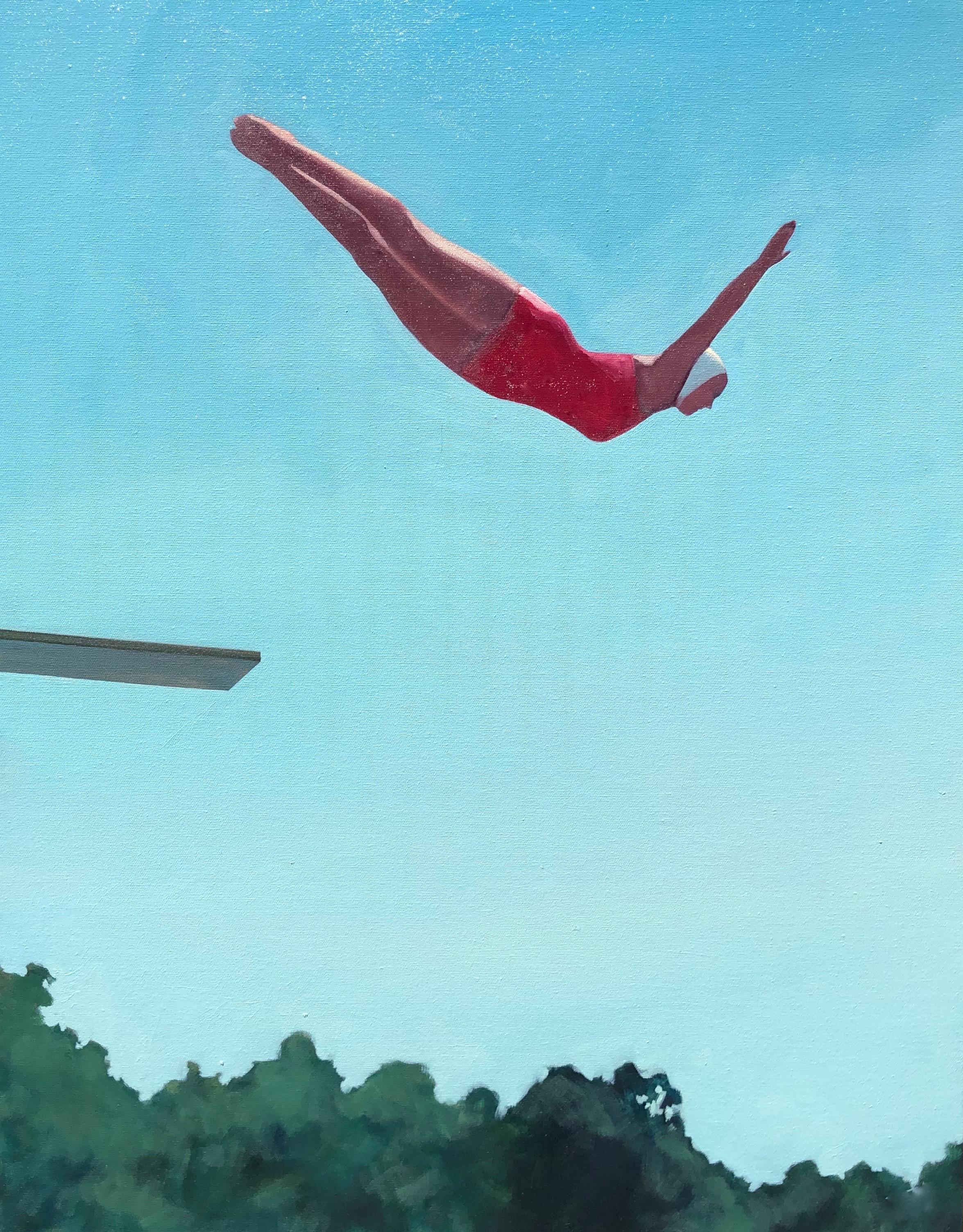 T.S. Harris Figurative Painting - "Diving In" oil painting of a diver in midair in a red swimsuit against blue sky