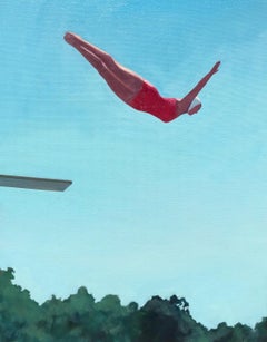 "Diving In" peinture à l'huile d'un plongeur en plein vol dans un maillot de bain rouge sur fond de ciel bleu