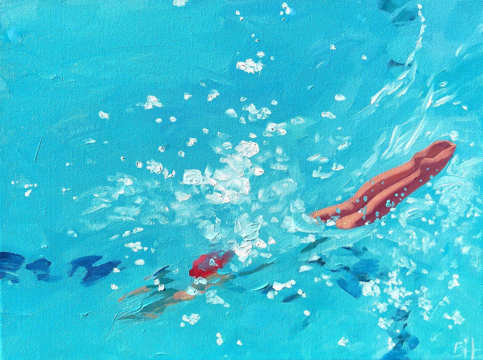 T.S. Harris Figurative Painting - "Diving In" Oil painting of a figure diving into turquoise water with splash