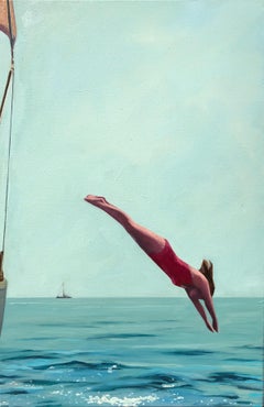 "Diving In" oil painting of a girl diving off of a sailboat into the blue ocean