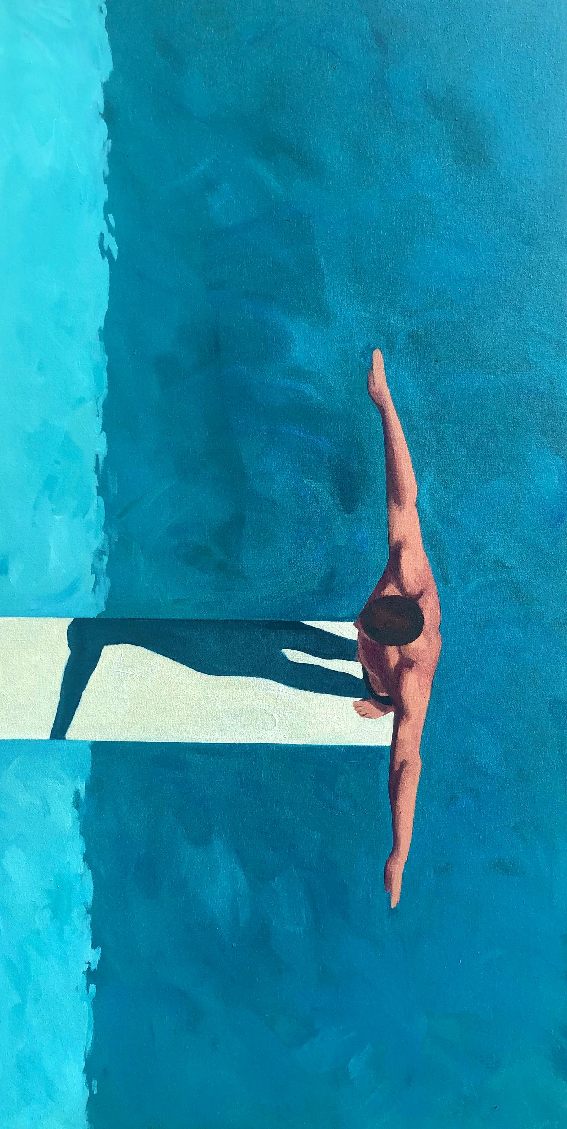 T.S. Harris Figurative Painting - "Diving Man II" vertical oil painting of a diver over turquoise pool from above