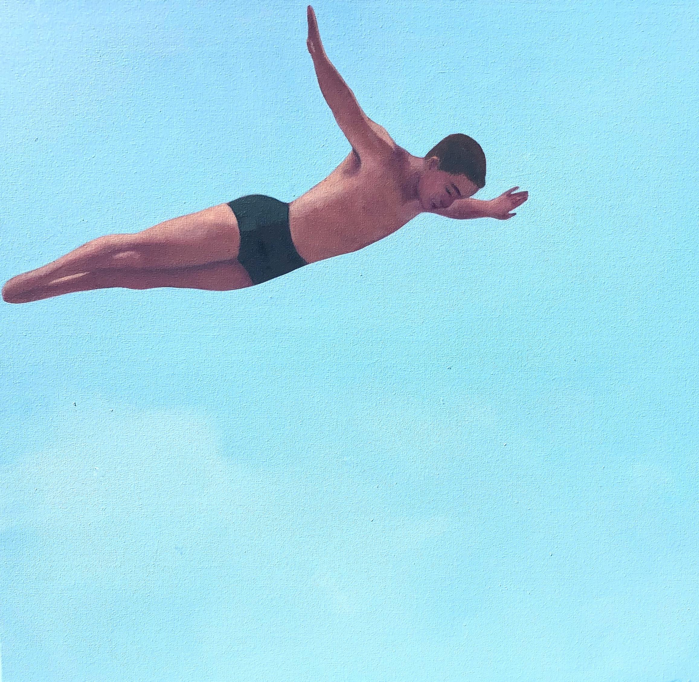T.S. Harris Figurative Painting - "Diving Man" oil on canvas painting of a man, diving with blue sky background