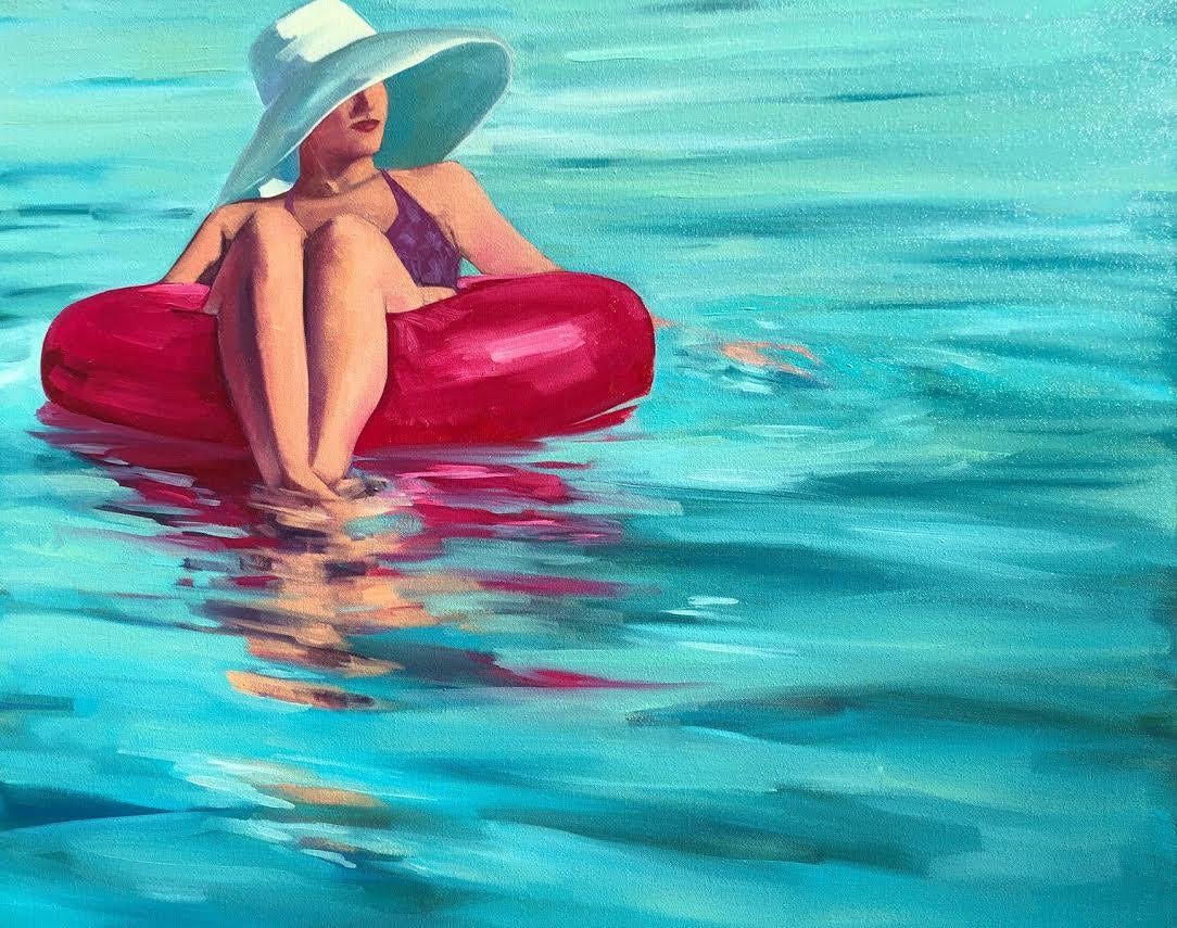 T.S. Harris Figurative Painting - "Drifting" oil painting of a woman in hat floating in a pink tube on teal water