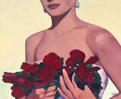 "Encore" oil painting of a woman in strapless dress with red lips holding roses
