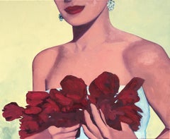 "Encore" Oil painting of a woman with red lipstick holding red rose petals