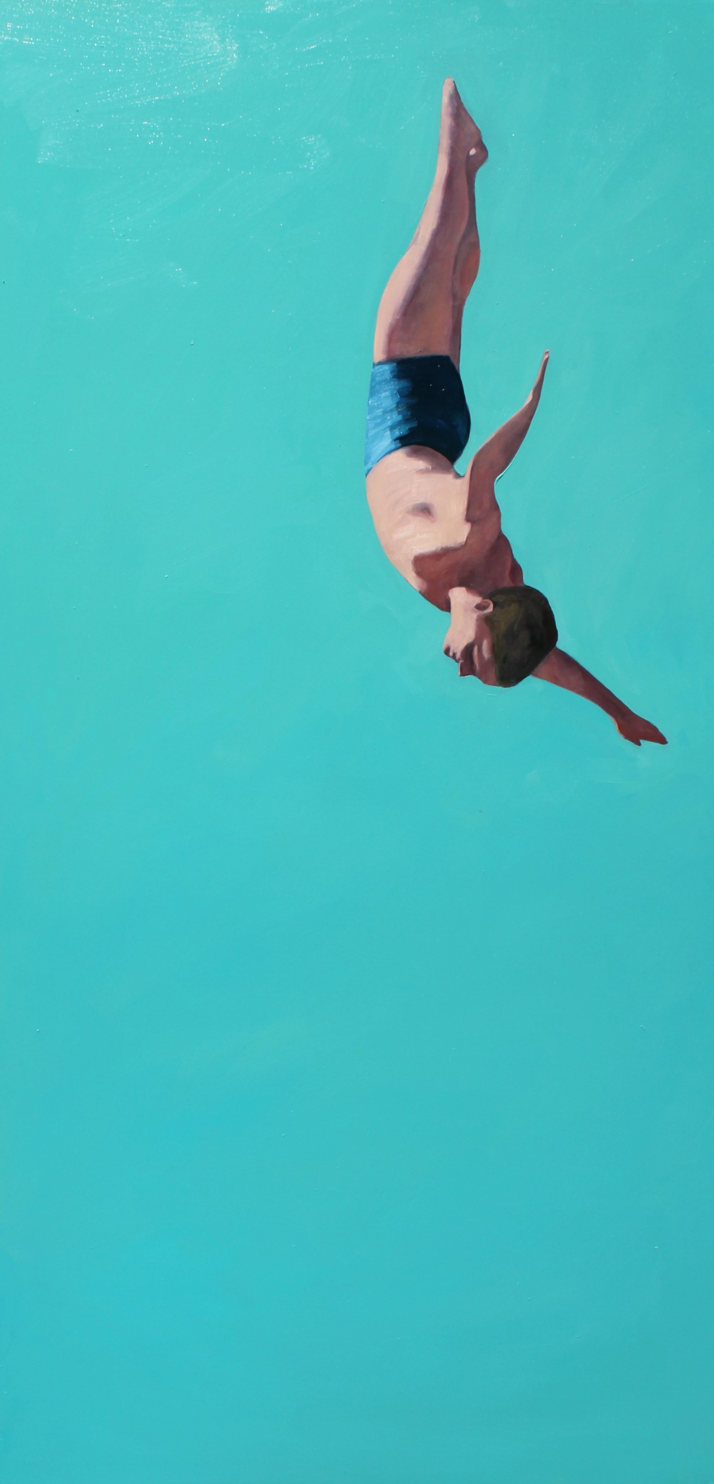 T.S. Harris Figurative Painting - "Glider" vertical oil painting of a man diving with turquoise background