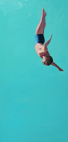 "Glider" vertical oil painting of a man diving with turquoise background