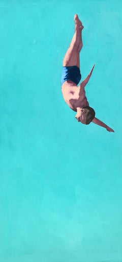 "Glide" vertical oil painting of a male diver with turquoise background