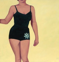 "Golden Girl" oil painting of a woman in a black swimsuit against a yellow back