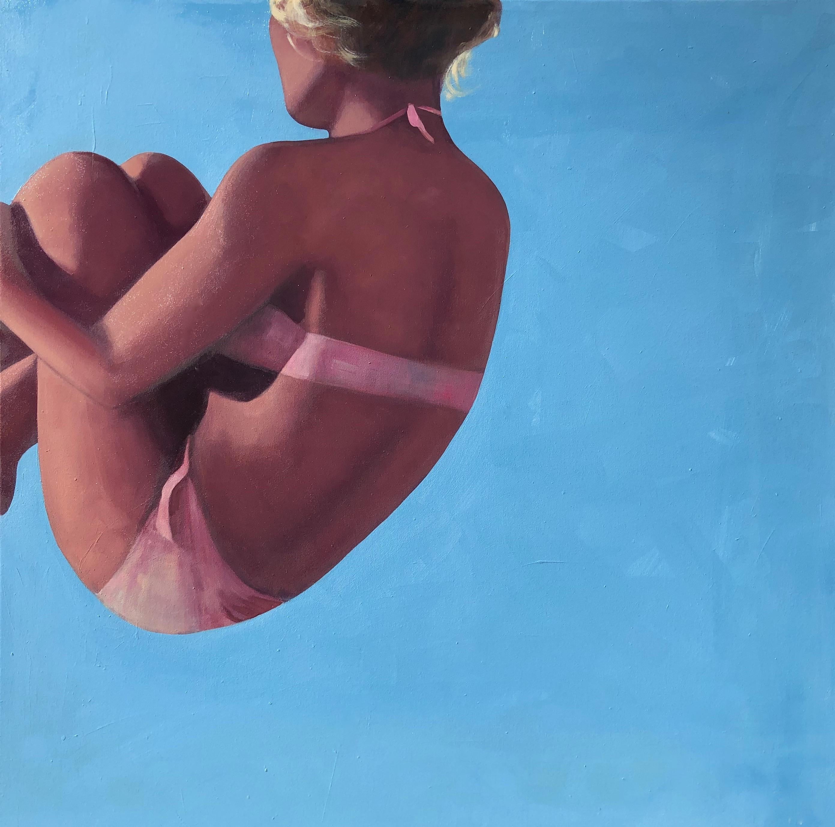 T.S. Harris Figurative Painting - "Head Over Heels" oil painting of a woman in pink bikini somersaulting in air