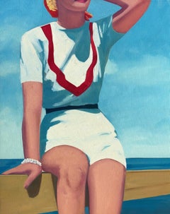 "Holiday Breeze" oil painting of a woman in white and red with ocean behind 