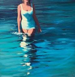 "In The Surf" oil painting of a woman wading into blue water in a white swimsuit