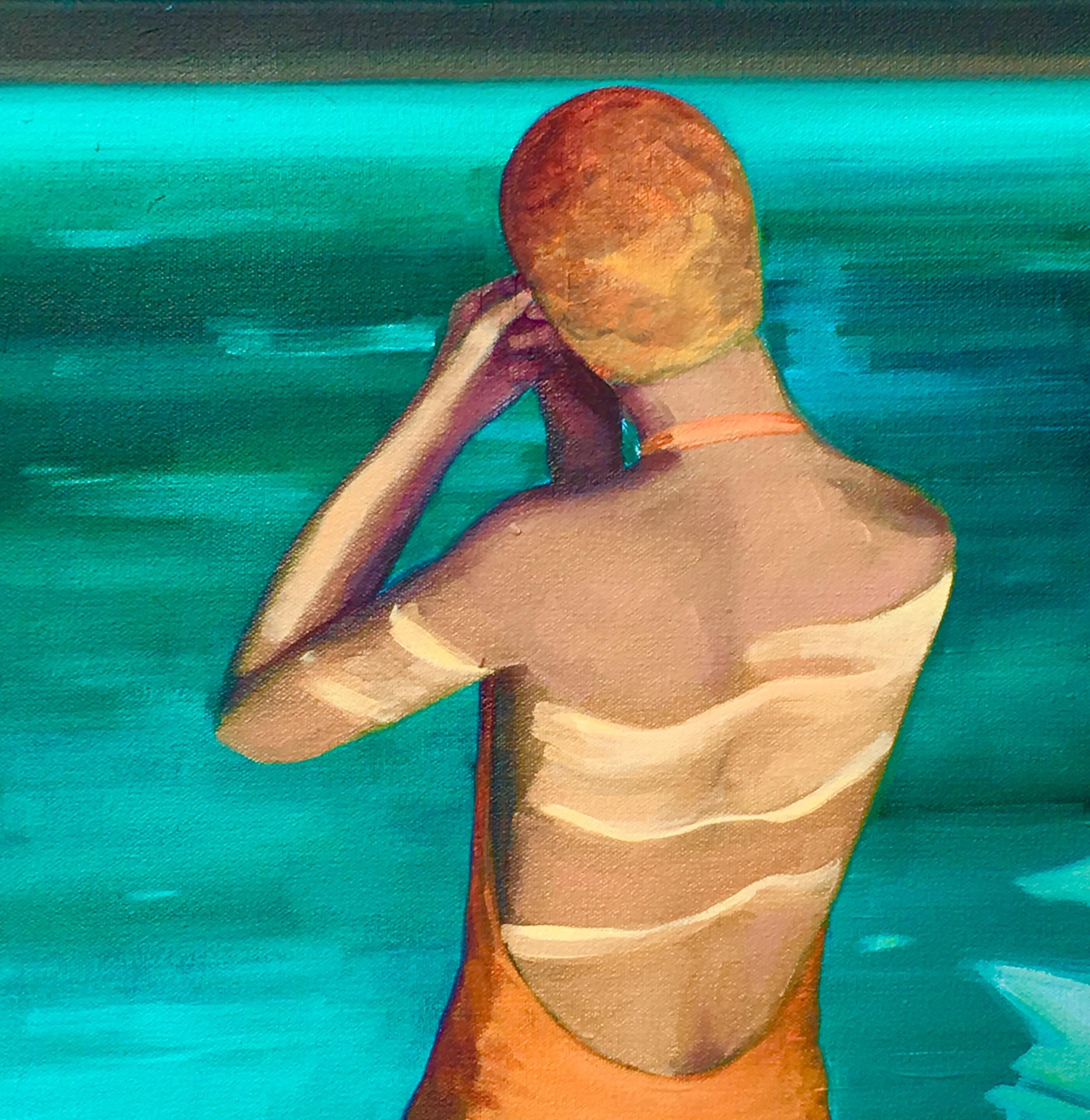 T.S. Harris Figurative Painting - "Indoor Swimming Pool" Oil painting of swimmer in orange cap