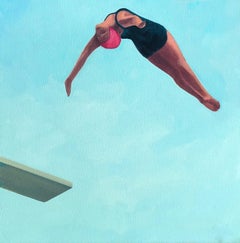 "Into the Sky" oil painting of female in black suit diving with blue sky behind
