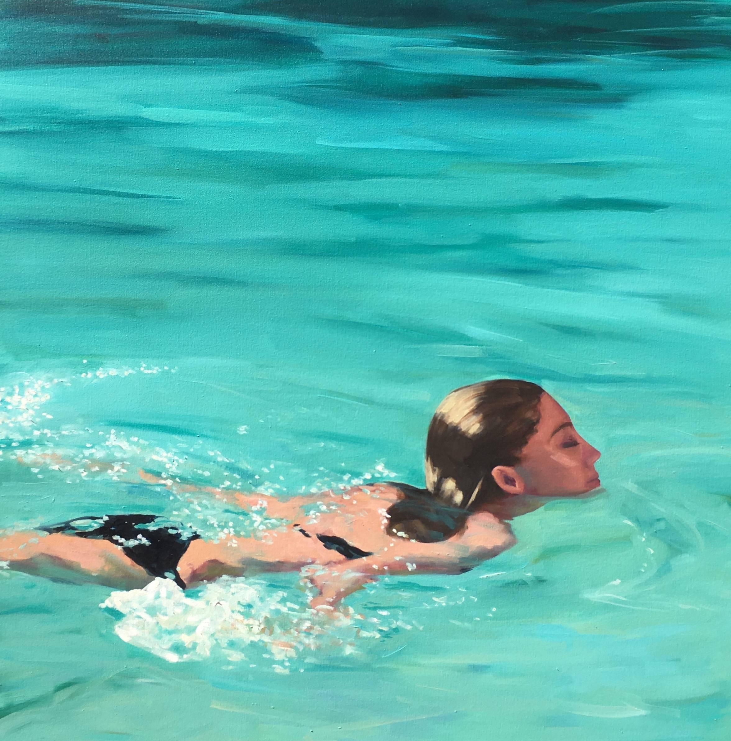 T.S. Harris Figurative Painting - "Refreshing Swim" oil painting of a woman swimming in blue and green pool