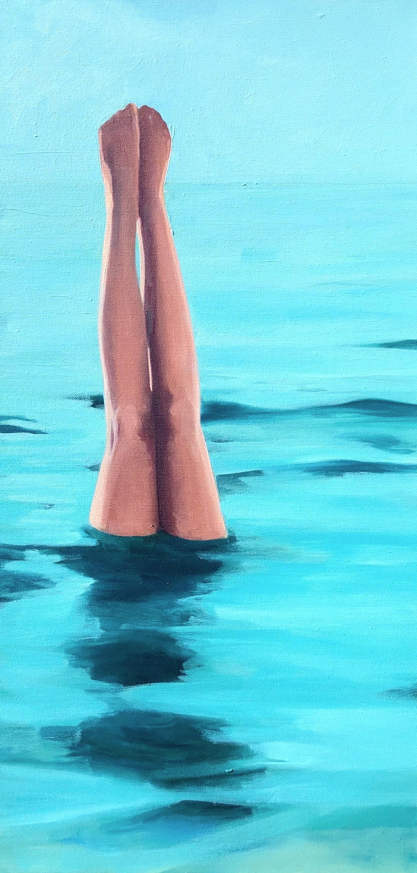 T.S. Harris Figurative Painting - "Mermaid" oil painting of female legs and feet sticking out of the teal ocean