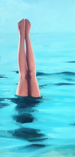 "Mermaid" oil painting of female legs and feet sticking out of the teal ocean
