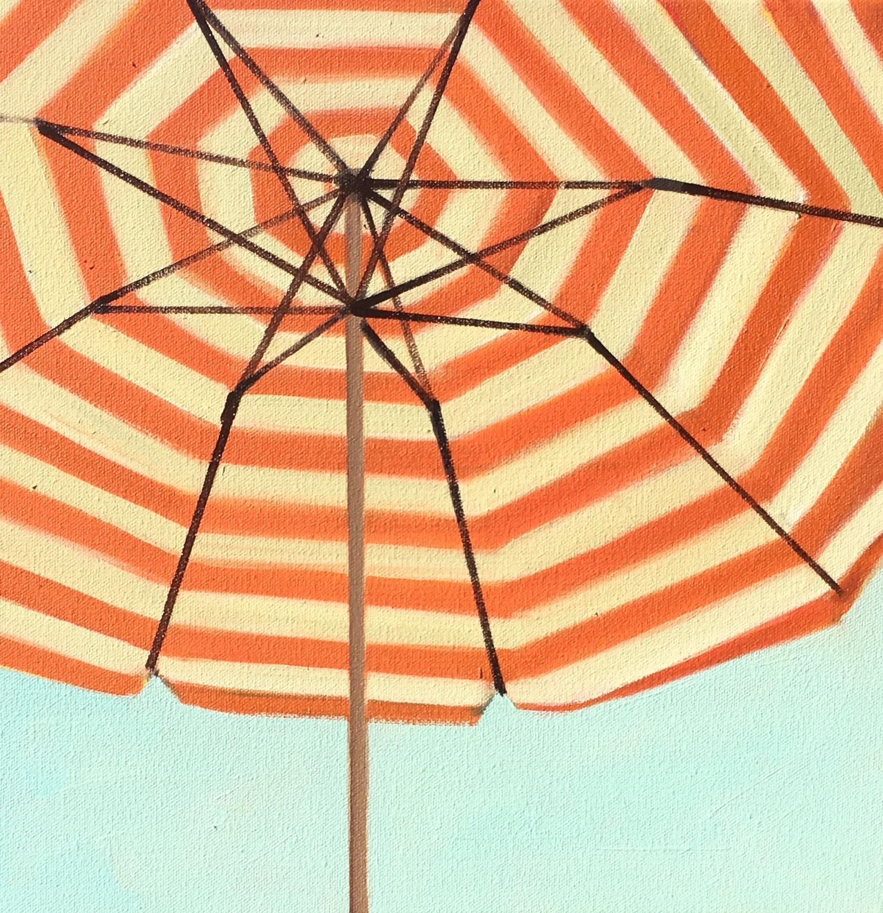 T.S. Harris Still-Life Painting - "Orange and White Striped Umbrella" close up oil painting 
