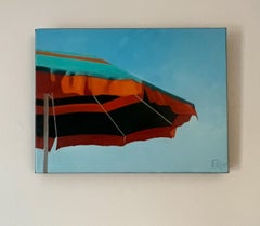 "Orange Striped Umbrella" oil painting of a colorful umbrella with blue sky