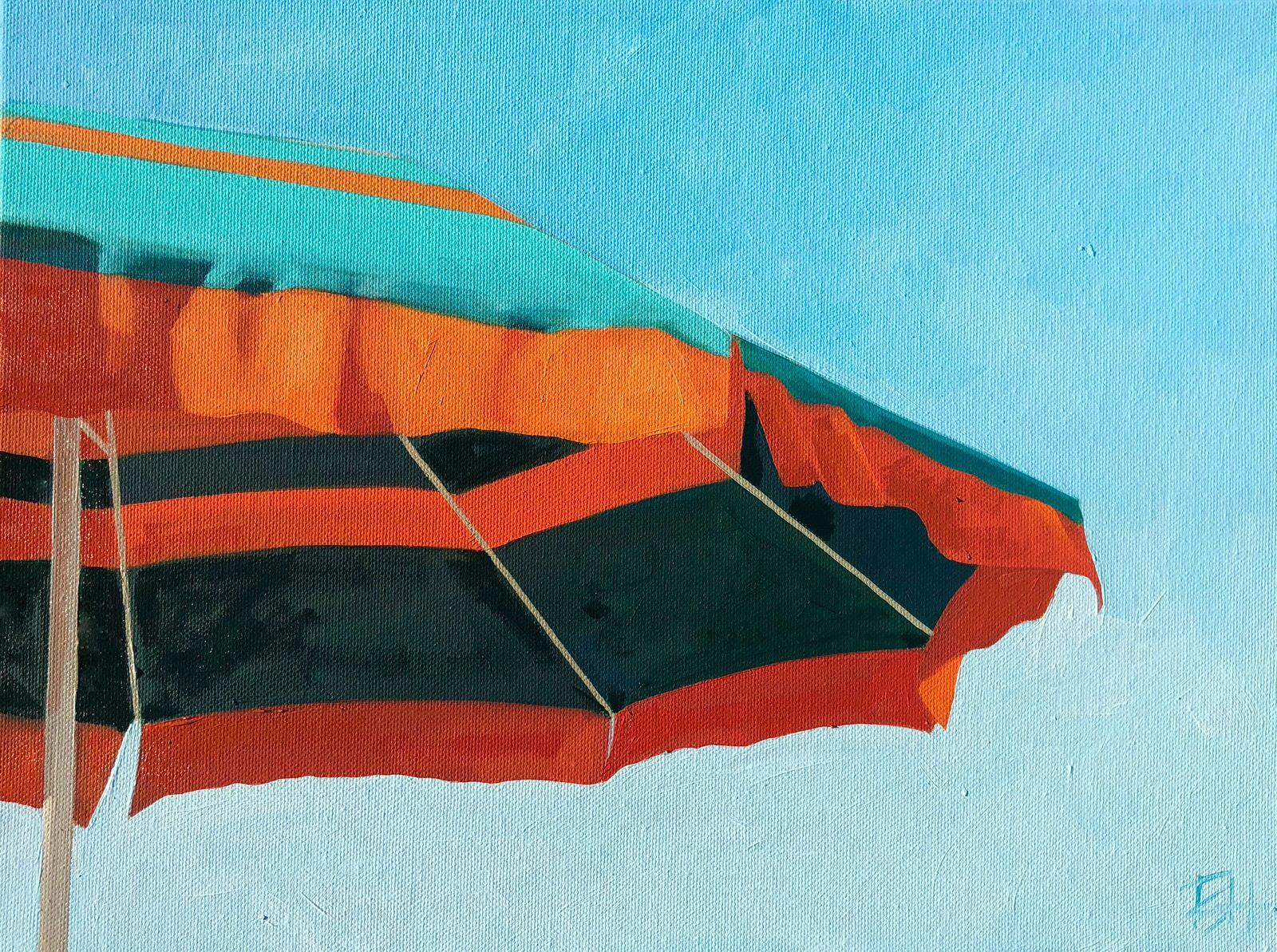 T.S. Harris Still-Life Painting - "Orange Striped Umbrella" oil painting of a colorful umbrella with blue sky 