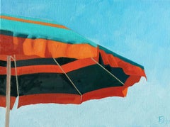 "Orange Striped Umbrella" oil painting of a colorful umbrella with blue sky 