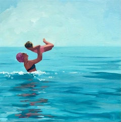 "Play in the Sea" oil painting of a woman holding a child up over the ocean